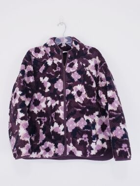 Sonoma Full Zip Sherpa Fleece Jacket Floral Dark Purple Large Fuzzy Fall Grandma